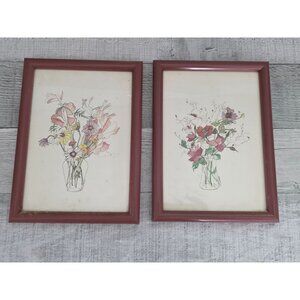 Vintage Lusana Floral Watercolor Prints Set Of 2 With Burgundy Frames